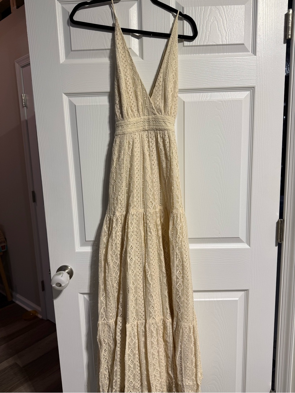 Vici Cream Lace Plunge V-Neck Maxi Dress